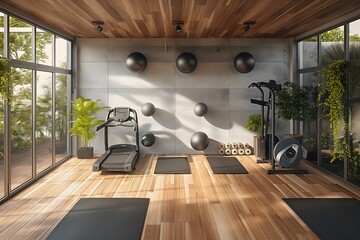 Modern home gym interior with equipment, natural light, and wooden floor