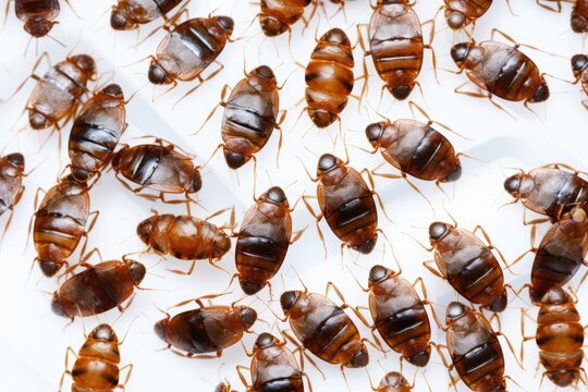 Macro photography of a group of bedbugs infesting a white surface, highlighting the need for pest control.
