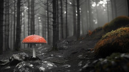 red mushroom in the dark forest.  - obrazy, fototapety, plakaty