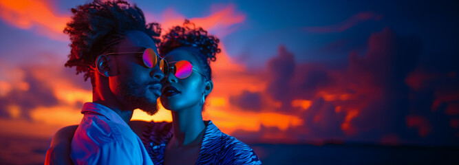 Afro American couple wearing sunglasses, Afro-Colombian reggae theme, sunset with neon lights,...