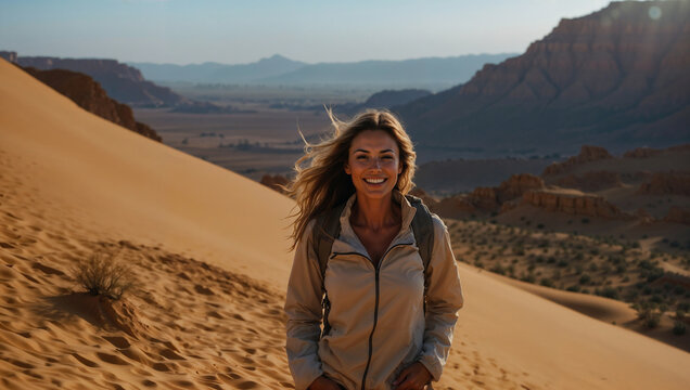 Bellissima donna sorride felice mentre cammina sulle dune di un deserto durante una vacanza
