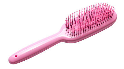 A pink brush delicately rests on a pristine white surface