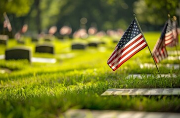 American flags flutter at the gravesites of veterans, symbolizing the nation's gratitude on Memorial Day.