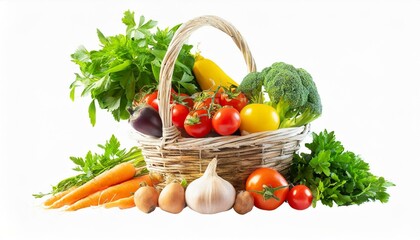 Rattan shopping basket full of healthy vegetables and fruits.
