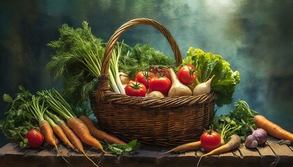 Rattan shopping basket full of healthy vegetables and fruits.