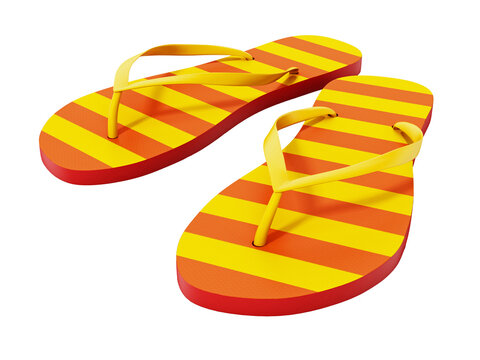 Yellow and orange striped flip-flops isolated on transparent background. 3D illustration