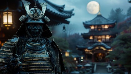 Scene is mysterious and ominous, as the samurai is surrounded by darkness