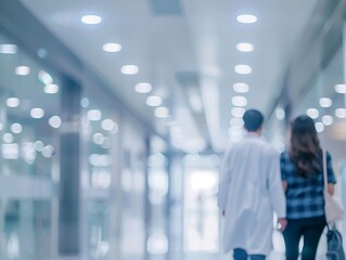 abstract blurred image of doctor and patient people in hospital interior or clinic corridor for background, laboratory, science experiment, health care and medical technology concept