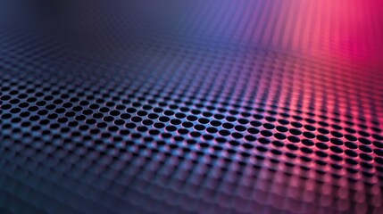 Sharp focus on the vibrant gradient of a speaker grille highlights the intersection of art and audio engineering. Macro photography of a fine mesh grid with a blue and purple gradient.
