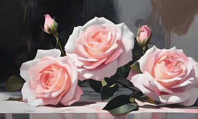 Bouquet of pink roses. Acrylic painting. Greeting card for Valentine's Day, birthday, wedding, anniversary or Mother's Day