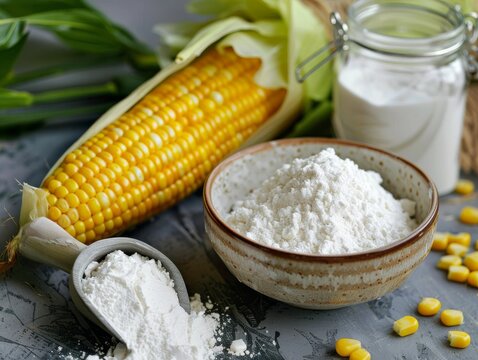 Corn and cornflour on a textured background with fresh corn cob. Organic produce and cooking ingredients concept for design, menu, recipe book