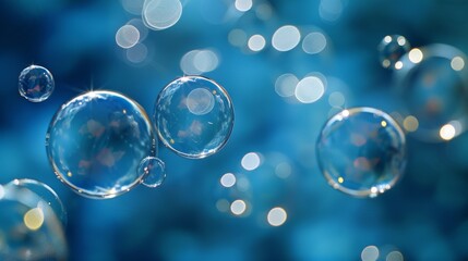 Transparent bubbles with reflections floating on a blue bokeh background. floating soap bubbles with a blue backdrop, featuring beautiful light reflections and a soft bokeh effect