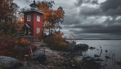 A red lighthouse sits on a rocky shoreline