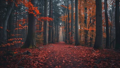 A forest path is covered in red leaves
