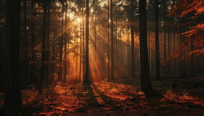 The sun is shining through the trees, casting a warm glow on the forest floor