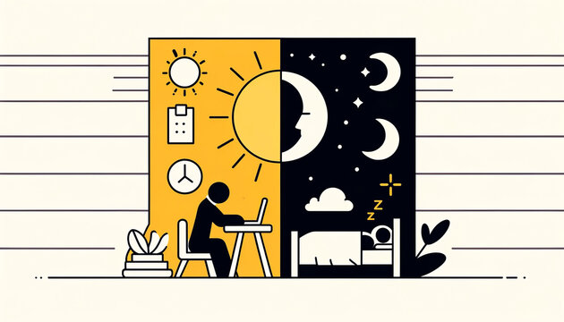 Person working at desk day and night concept illustration. Design with half day and half night background. Work-life balance and daily routine concept.