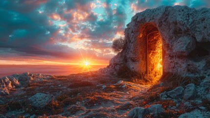 A beautiful sunset is reflected in the entrance of a cave