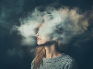 Young woman with her head in cloud. Depression, loneliness and mental health concept. Psychology theme, dreaming, having racing thoughts in mind. Concept of memory loss, dementia