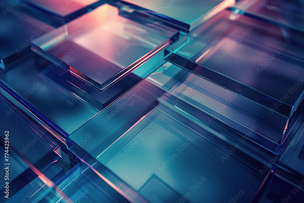 Wall mural close up horizontal image of transparent glass layers abstract background in a digital technology co