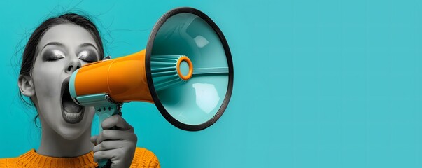 Human hand with a megaphone and a female open mouth on blue background, space for text - obrazy, fototapety, plakaty