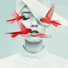 Portrait of a beautiful woman with red birds on her face. Contemporary art collage.