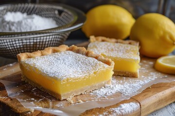 Lemon pie bars topped with powdered sugar on a wooden table