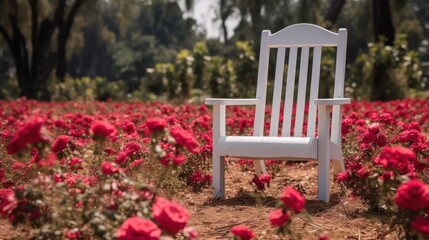 white chair in the park with the flower and the color of flower is red like rose 8k photography