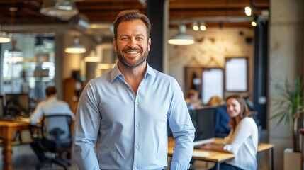 A smiling CEO standing in a bright, open-concept workspace with colleagues working in the background - obrazy, fototapety, plakaty