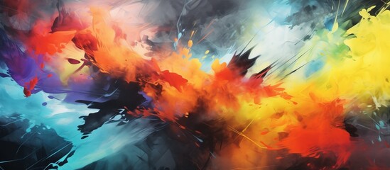 Vibrant hues of paint splattered in various shapes and sizes against a dark black canvas, creating a dynamic and expressive artwork