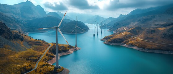 Renewable energy landscape at sunset with wind turbines standing tall over a tranquil reservoir,...