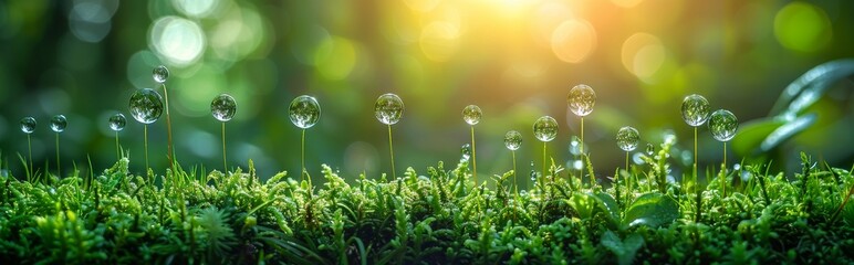 A field of green grass with dew drops on the grass - obrazy, fototapety, plakaty