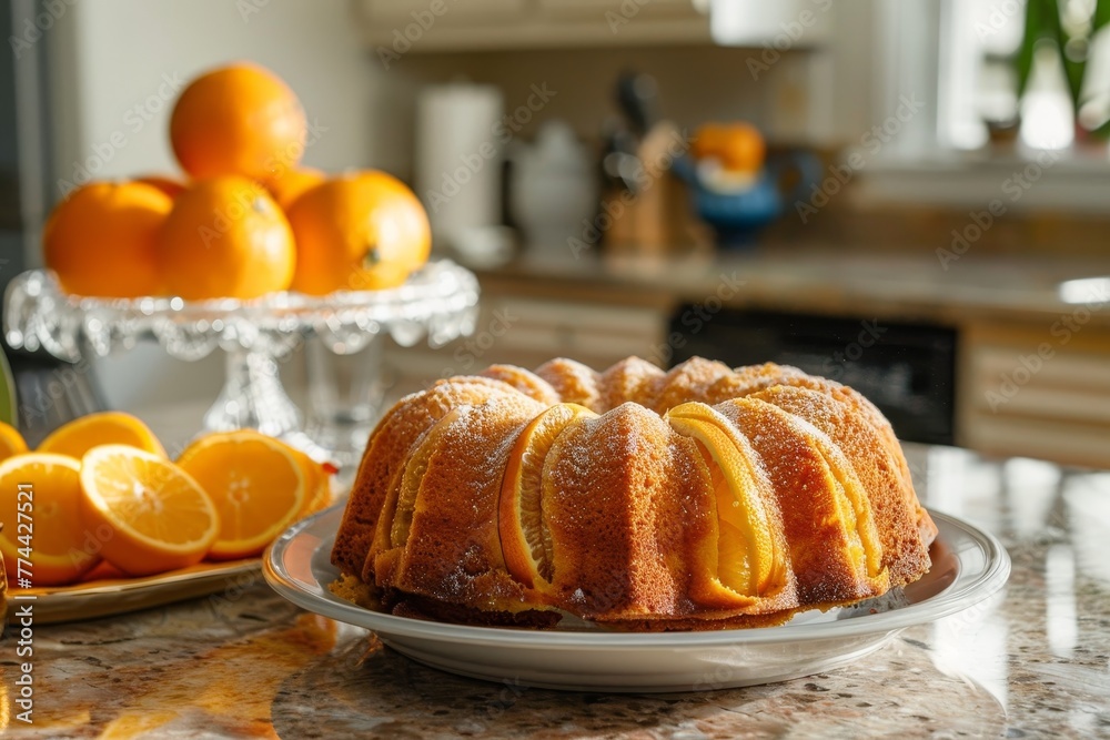 Wall mural orange bundt cake with fresh oranges on a counter