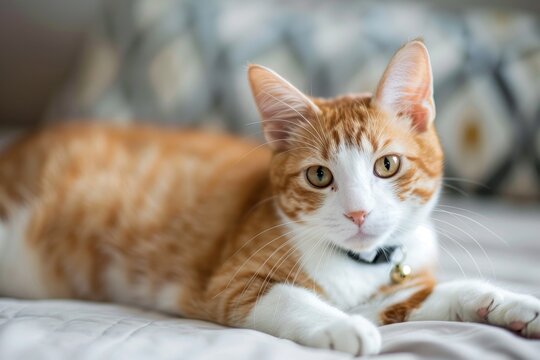 Orange and white tabby cat in collar facing camera while lying down