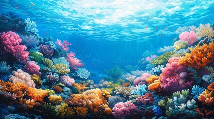 Naklejka na ściany i meble Deep Blue Ocean World: Teeming Coral Reef, generative ai