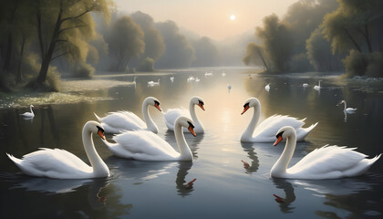 swans on the river - obrazy, fototapety, plakaty