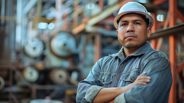 A striking image of a confident Hispanic male factory worker, arms crossed, commanding attention in the industrial construction environment