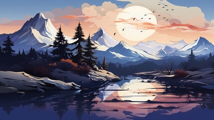 A serene logo icon depicting a peaceful mountain lake reflecting the surrounding peaks. - obrazy, fototapety, plakaty