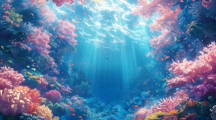 Fototapeta na wymiar Fantasy Scene of Mermaid Exploring Coral Reef, generative ai