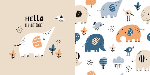 Сhildish pattern with little elephant. baby shower greeting card. Animal seamless background, cute vector texture for kids bedding, fabric, wallpaper, wrapping paper, textile, t-shirt print - obrazy, fototapety, plakaty