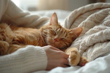 Owner sits in bed cuddling red tabby cat - Powered by Adobe