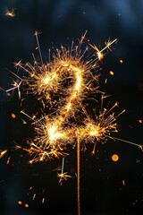 abstract gold glitter fireworks in the shape of a 2, gold number 2 isolated on a black background