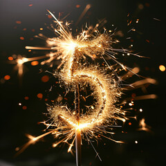 gold number 5, gold glitter fireworks, sparkler in the shape of a five