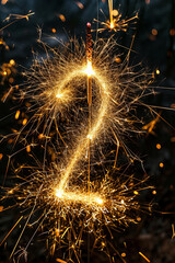gold glitter fireworks in the shape of a "2", sparkler number two, 2nd anniversary or birthday announcement