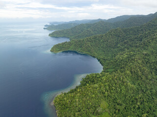 Thick rainforest covers the scenic coast of southern Batanta, Raja Ampat. This region is known as the heart of the Coral Triangle due to the high marine biodiversity found there.
