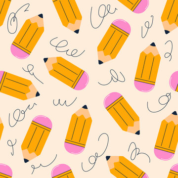 Seamless pattern with colorful pencils. Back to school elements vector flat illustration.
