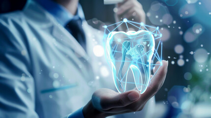 A dentist holds a glowing, virtual tooth hologram in a high-tech environment. Dental technology concept.