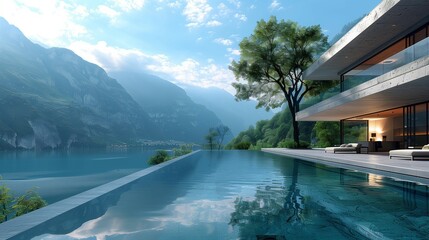 Elevated Elegance: Mountain Pool Reflections, generative ai