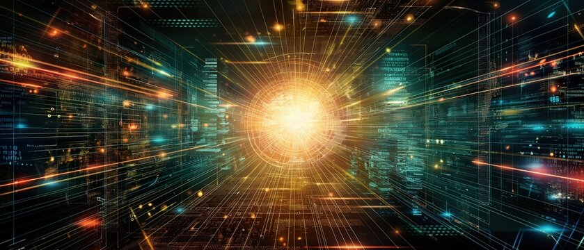 Fiery central orb with radiating light particles creates vibrant depiction of a supernova or a digital big bang in virtual space interstellar event where sparkling particles converge on a bright