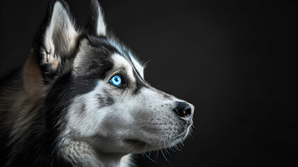 Black Background: Siberian Husky with Blue Eyes Copy Spac






