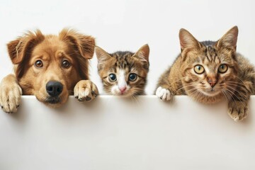 Pets promote veterinary medicine pet stores and animal adoption with cute dog hamster and cat on white sign